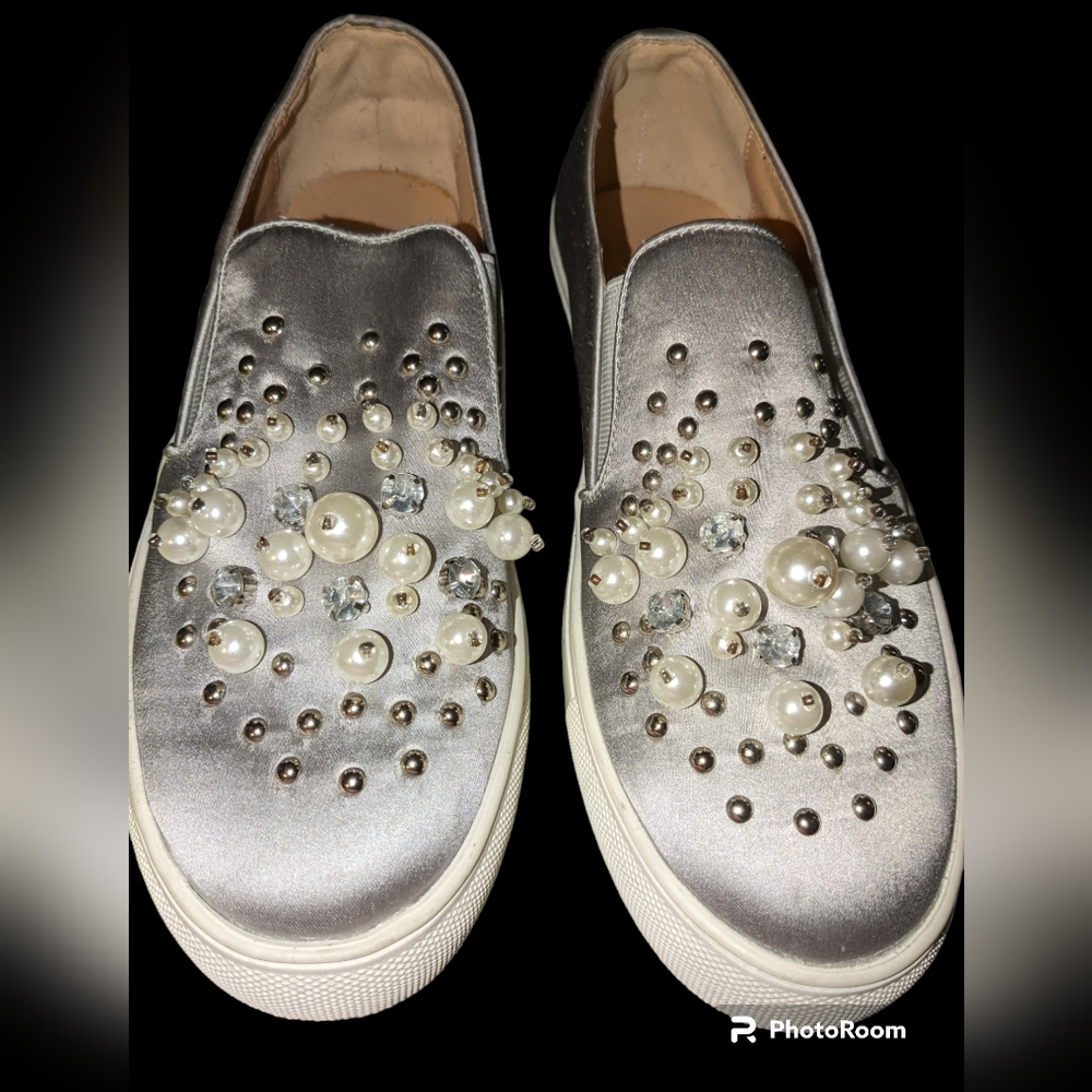 Sneakers slip ons  SILVER/Gray  w/ jewels & pearls,  Midnight Velvet Designer